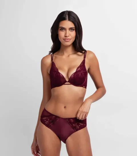 Women's Red Satin Lace Trimmed Plunge Bra