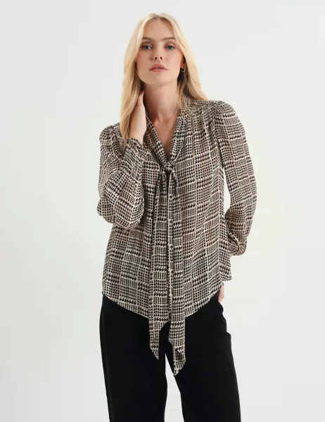Finery London Satin Printed Tie Neck Blouse Beige Mix