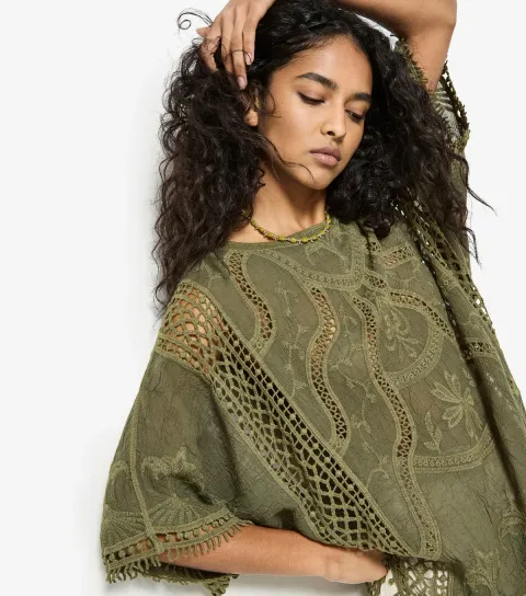 Women's Dark Khaki Embroidered Crochet Knit Top
