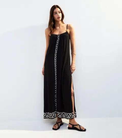 Women's Black Textured Graphic Trim Cover Up Maxi Dress