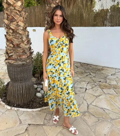 Women's Blue Lemon Print Shirred Midi Dress