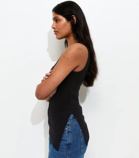 Women's Black Longline Ruched Side Tank Top