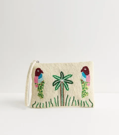 Cream Tropical Parrot Beaded Pouch Bag