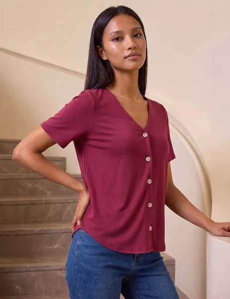 Roman Petite V Neck Button Through Blouse with Modal Burgundy Mix