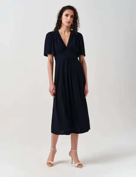 Ghost Crepe V-Neck Angel Sleeve Midi Tea Dress Navy