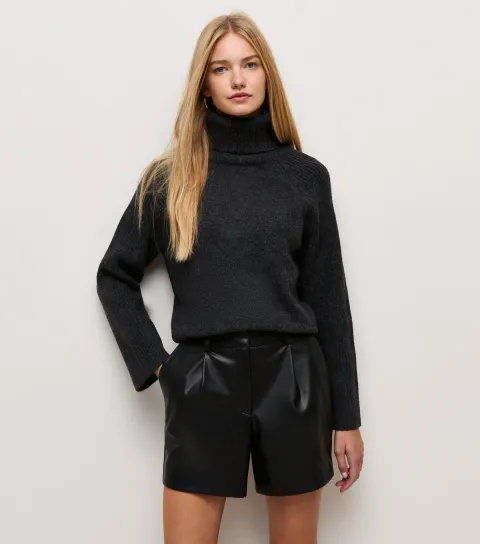 Women's Black Faux Leather Tailored Shorts