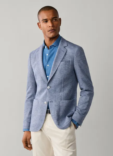 Cotton Blend Jersey Knit Glen Check Blazer