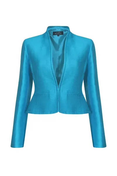 Fitted, Short Jacket in Turquoise Plain Self Stripe Silk - Margo