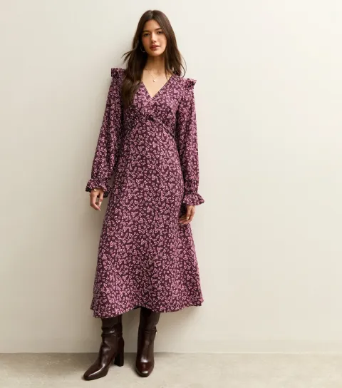 Women's Dark Red Floral Frill Trim Mid Dress