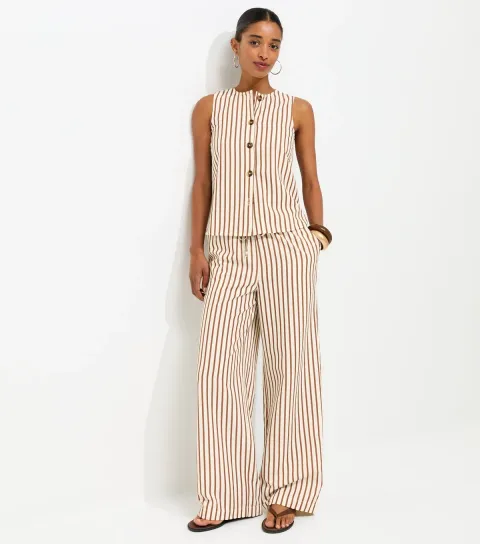 Women's Brown Striped Seersucker Wide Leg Trousers