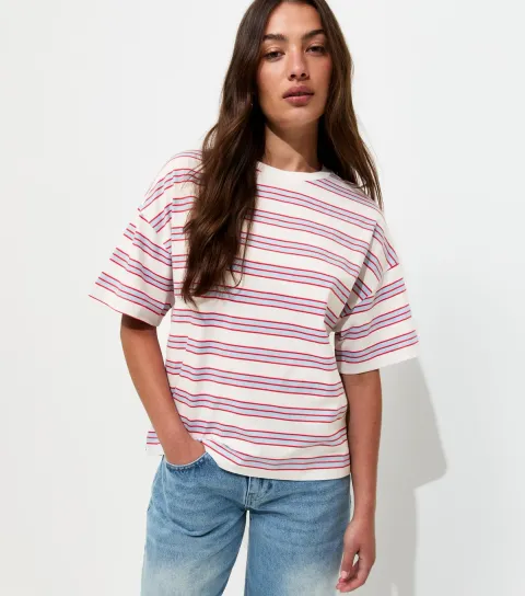 Women's White Cotton Striped Oversized Boxy T-Shirt
