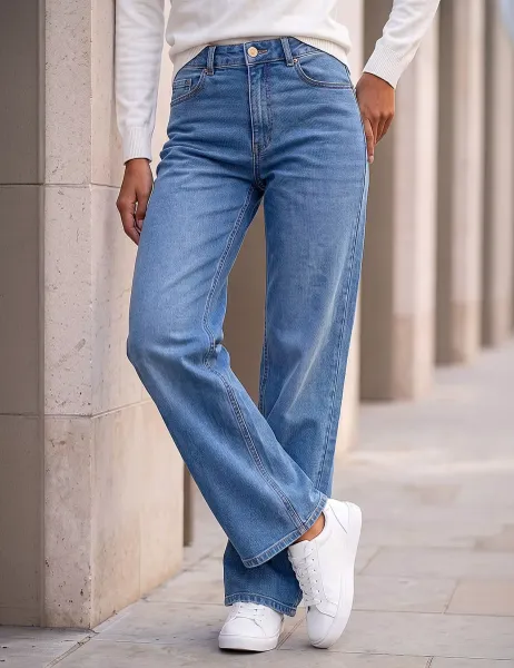 Roman Petite Mid Rise Wide Leg Jeans Denim