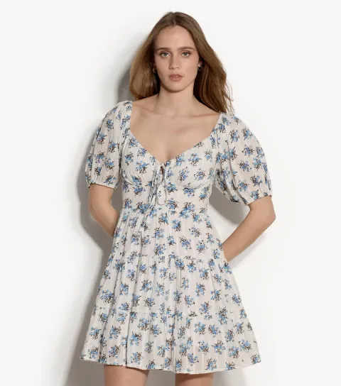 Women's White Floral Puff Sleeve Milkmaid Mini Dress