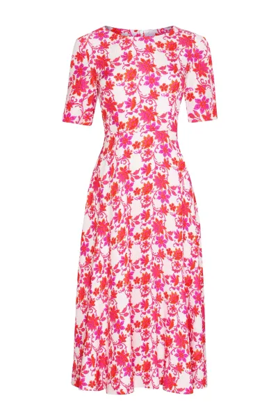 Longer Length, Fluid Silk Cloqué Dress in Pink/Orange Flower Print - Lexie