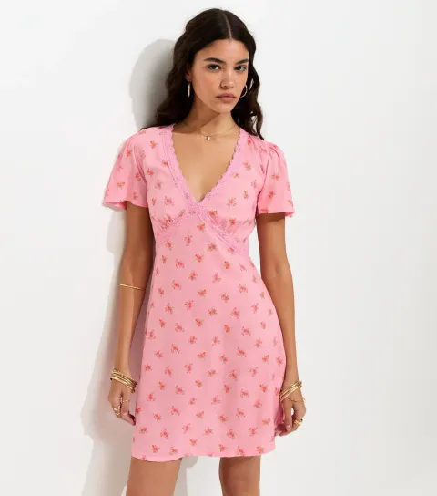 Women's Pink Ditsy Print Lace Trim V-Neck Mini Dress