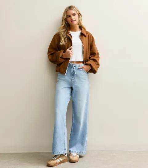 Women's Petite Mid Blue Self Tie Drawcord Waist Wide Leg Jeans