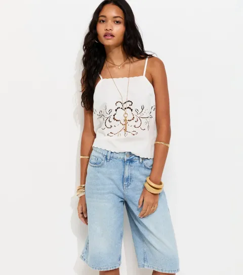 Women's White Cotton Embroidered Floral Cutout Cami Top