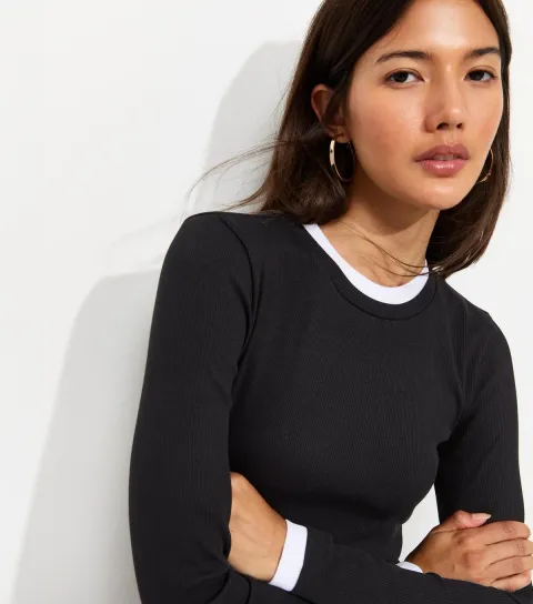 New Look Women's Black Cotton Rich 2 In 1 Layered Look Top