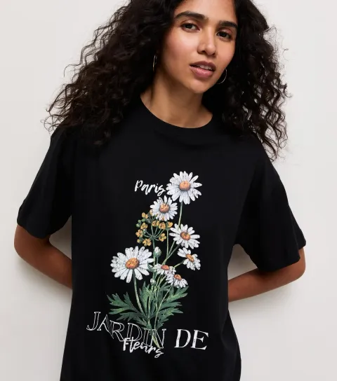 Women's Black Cotton Daisy Print Oversized T-Shirt