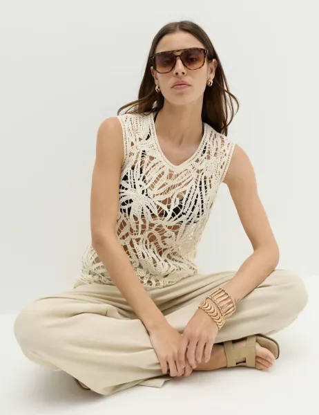 Marks & Spencer Pure Cotton Crochet-Style Knitted Vest. Soft White