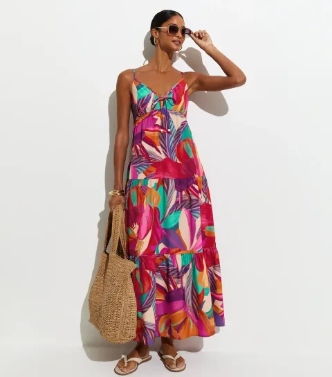 Women's Purple Flower Print Crepe Maxi Beach Dress