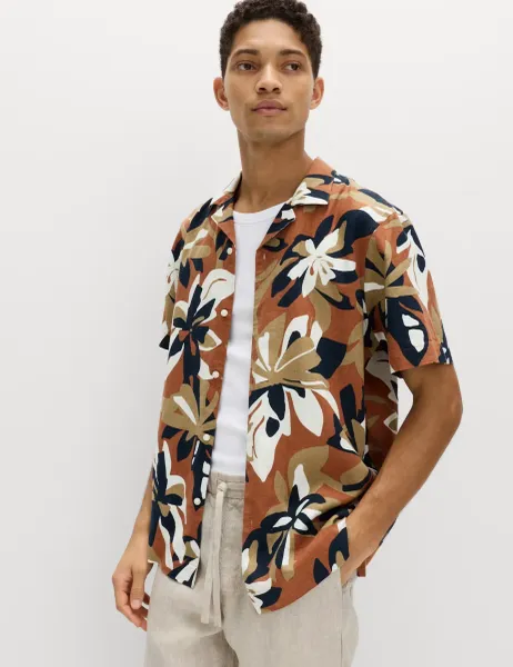 Marks & Spencer Linen Rich Hawaiian Shirt Rust Mix