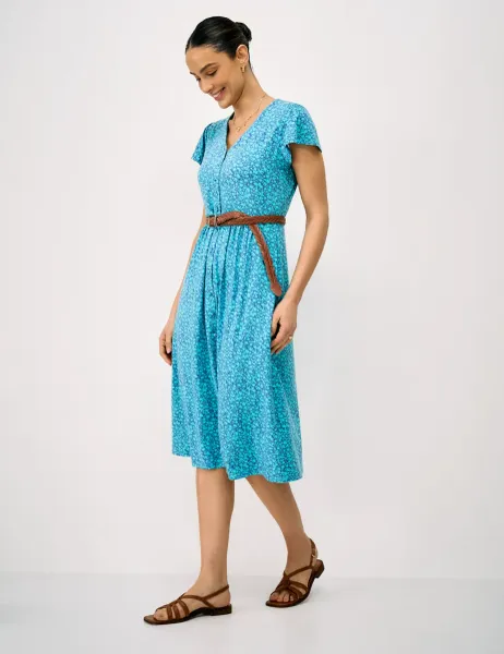Jersey Floral V-Neck Midi Skater Dress Turquoise