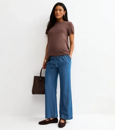 Women's Maternity Blue Denim-Look Wide Leg Trousers