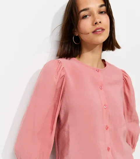 Women's Pink Cropped Balloon Sleeve Button Blouse