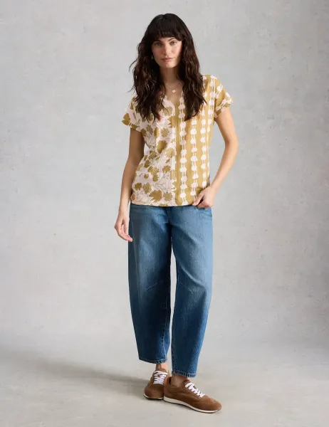 White Stuff Pure Cotton Floral Print T-Shirt Green Mix