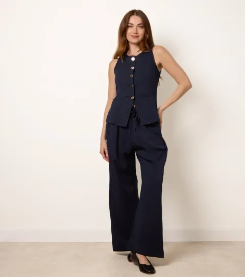 Women's Navy Button Vest and Trousers Set
