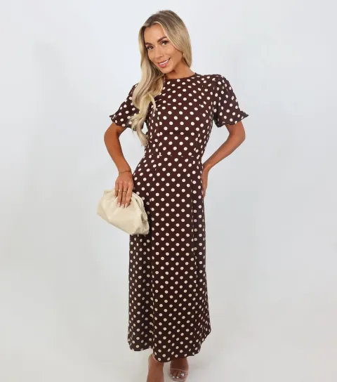 Women's Brown Polka Dot Puff Sleeve Midi Dress