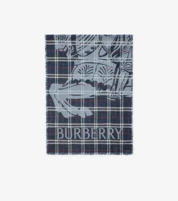 Wide Knight Check Wool Silk Scarf in Ink blue