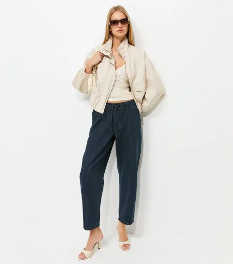 Women's Blue Barrel Leg Denim Trousers