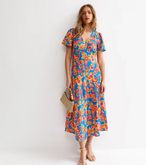 Women's Blue Oversize Paisley Print Tiered Midi Tea Dress