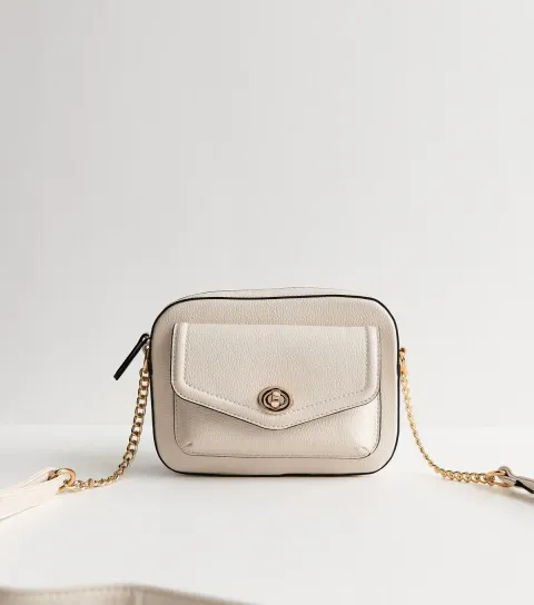 Cream Grained Faux Leather Turn Lock Crossbody bag Vegan
