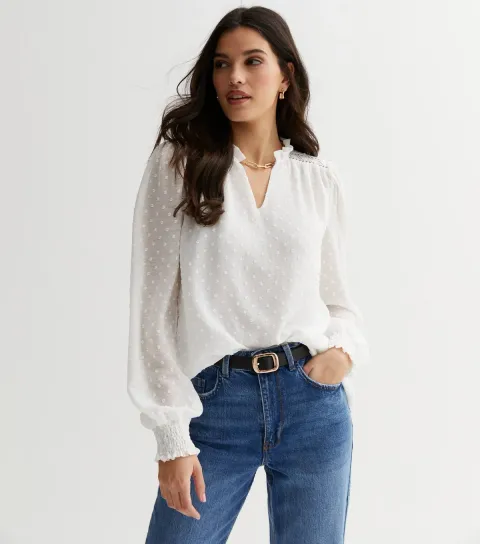 Women's White Embroidered Chiffon V Neck Blouse