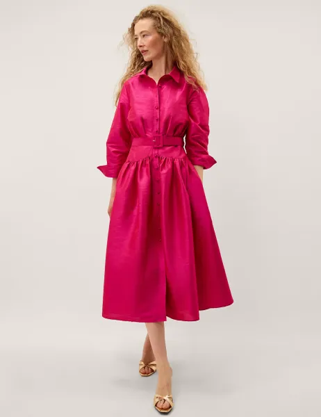Monsoon Belted Midi Shirt Dress Pink