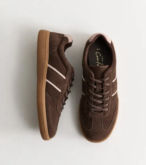 New Look Women's Dark Brown Faux Brushed Leather Gum Sole Trainers Vegan