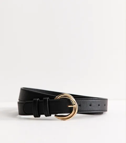 Black Faux Leather Double Twist Buckle Belt