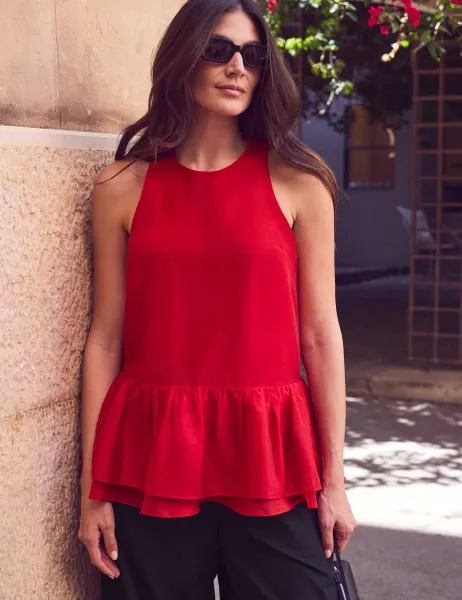 RO&ZO Lyocell Rich Sheer Longline Top Red