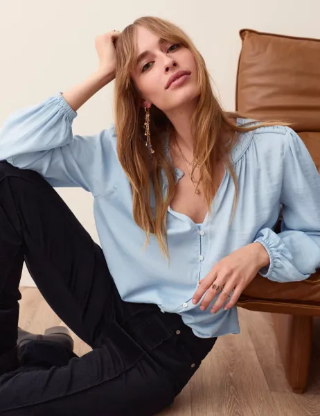 Per Una Satin Plisse V Neck Blouse Soft Blue