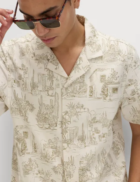 Marks & Spencer Pure Cotton Printed Short Sleeve Shirt Ecru