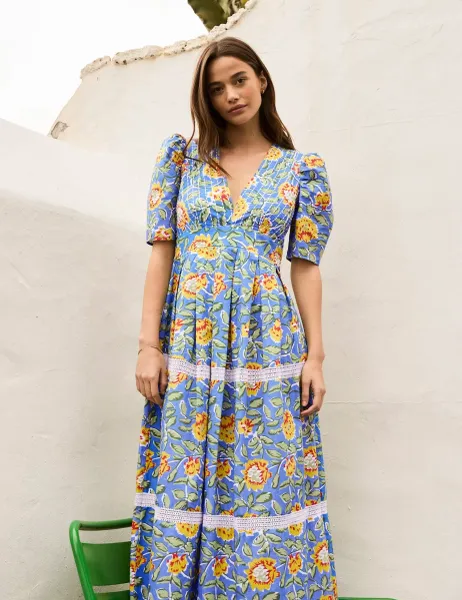 RO&ZO Pure Cotton Floral V-Neck Midaxi Dress Blue Mix