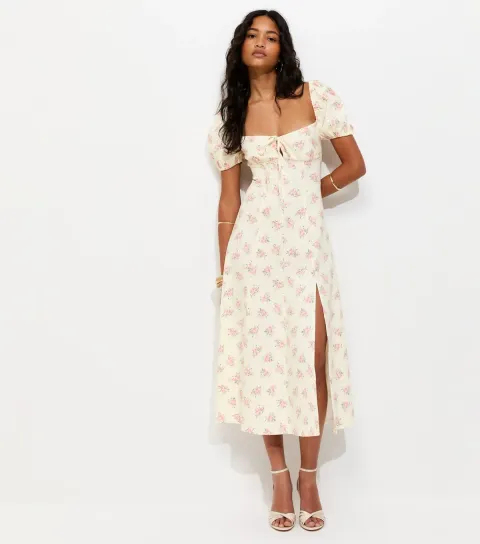 Women's White Mini Bouquet Milkmaid Midi Dress