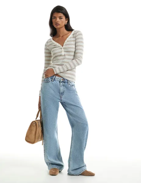 River Island Striped V-Neck Henley Top Beige Mix