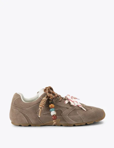 Steve Madden Aziel Suede Double Lace Charm Trainers Taupe