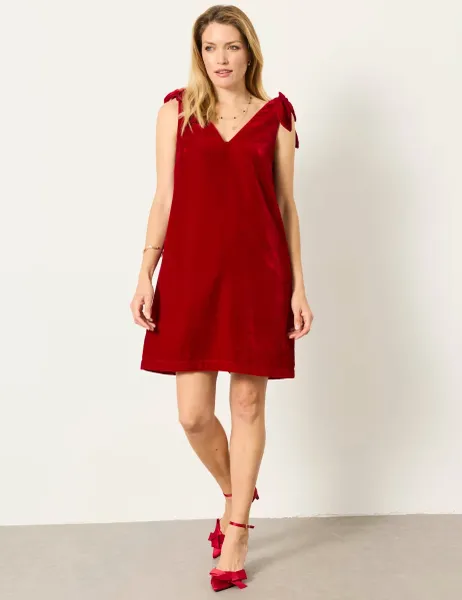 FatFace Velvet Bow V-Neck Knee Length Shift Dress Red