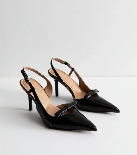 Women's Black Faux Patent Bow Appliqued Slingback Court Shoes Vegan