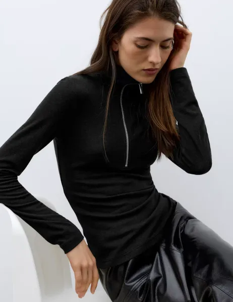 Autograph Funnel Neck Fitted Half Zip Top with Merino Wool Black